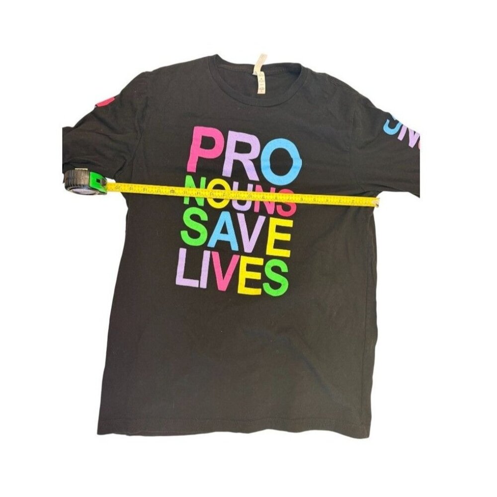 Pronouns Save Lives Rainbow Long Sleeve Graphic Tee Black Bella Canvas Unisex - Picture 9 of 9